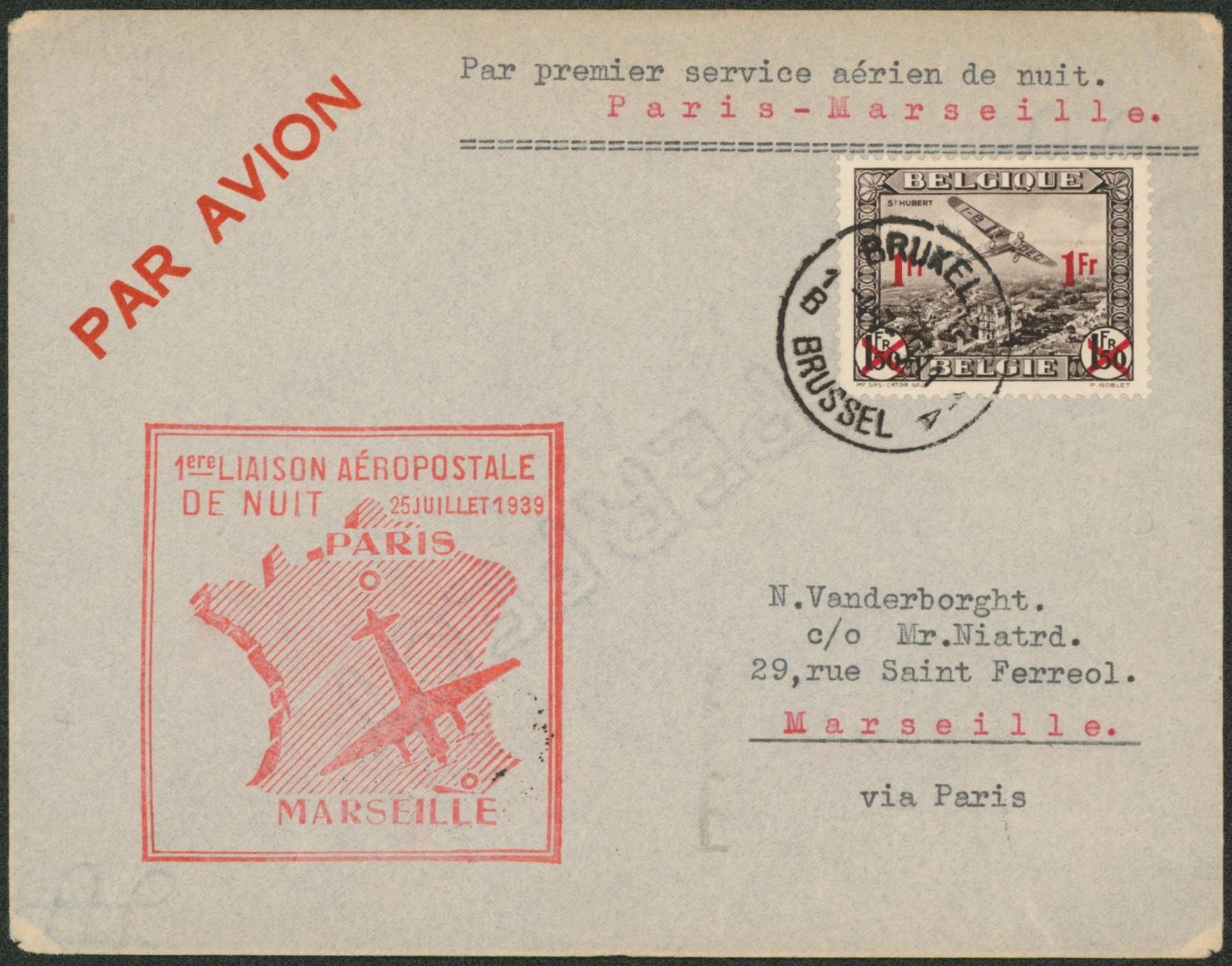 PA6 sur lettre par avion premier service aérien de nuit de Bruxelles > Marseille via Paris.