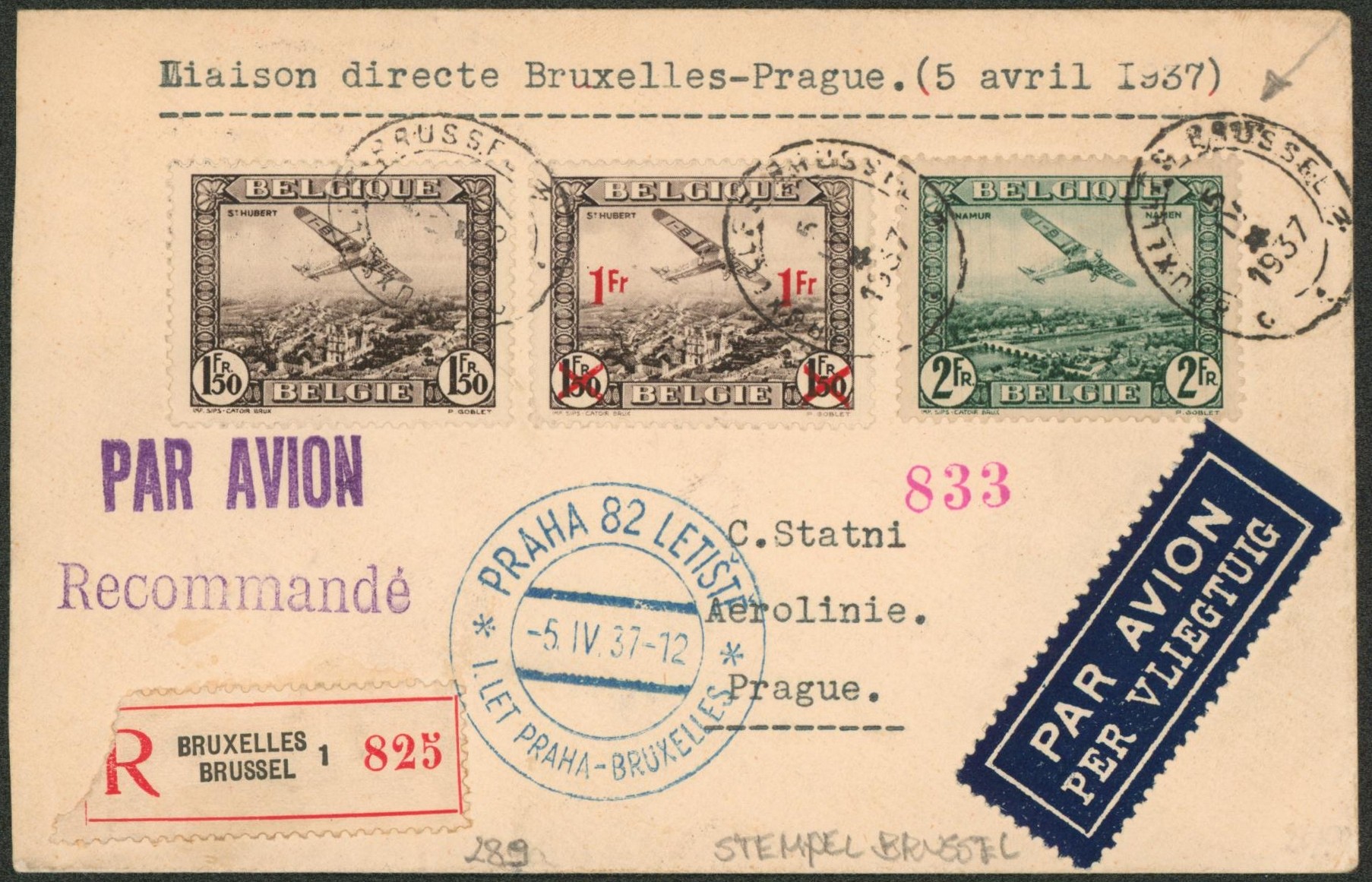 PA2/3 et PA6 sur lettre en recommandé par avion + cachet hélipse de Bruxelles > Prague