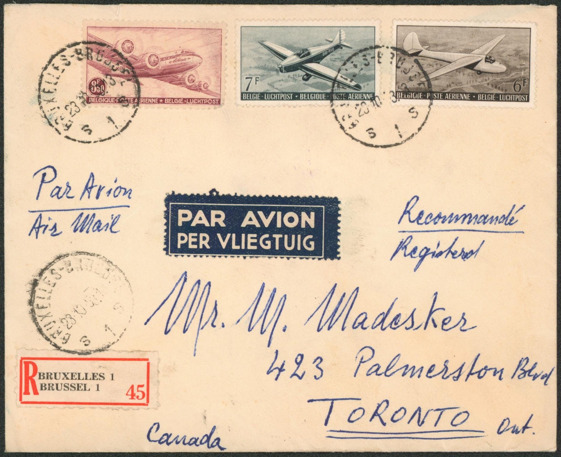 PA9 + PA28/29 sur lettre en recommandé par avion de Bruxelles > Toronto (Canada). Verso vignette foire internationale de Bruxelles