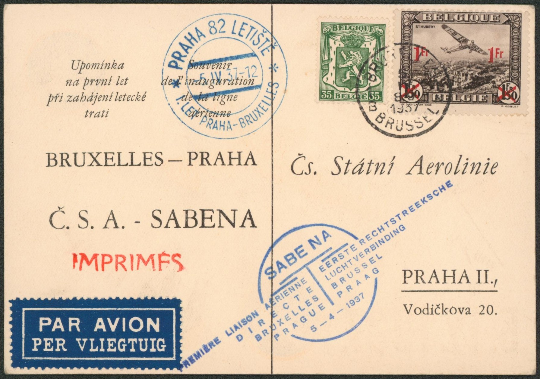 n°425 et PA6 sur carte postale de propagande expédié par avion de Bruxelles > Praha / Sabena. Imprimé