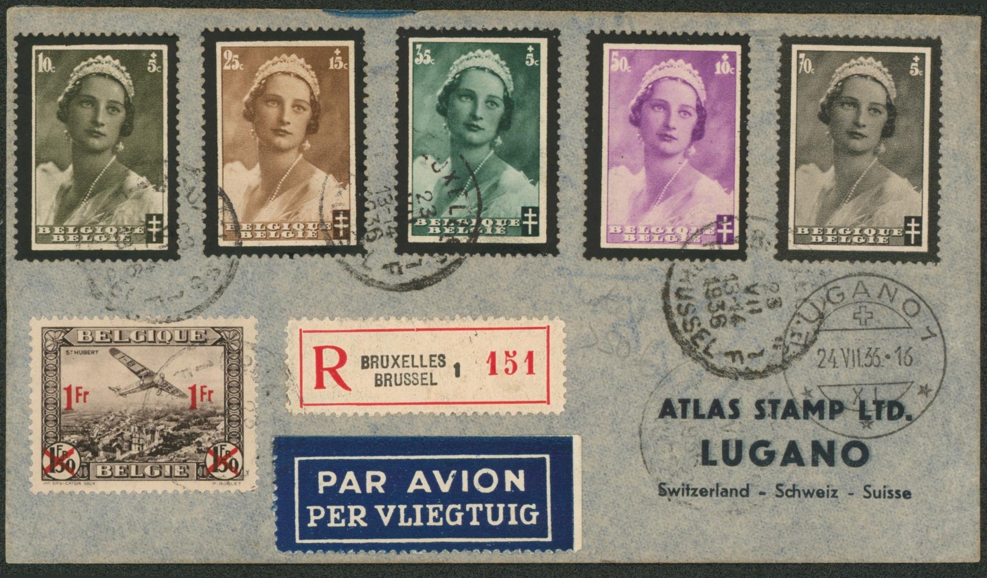 n°411/415 + PA6 sur lettre illustrée en recommandé par avion de Bruxelles > Lugano (Suisse). Souvenir aérien de la reine astrid