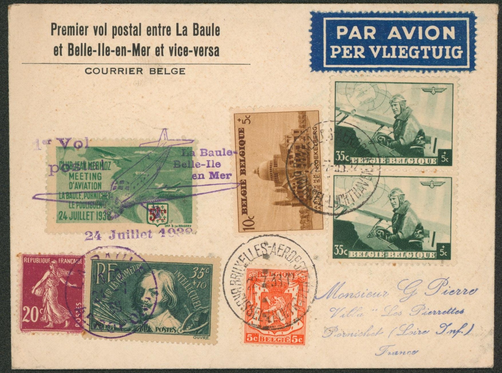Affranchissement mixte sur lettre (Belgique / France) Premier vol postal entre la baule et belle-ile-en-mer et vice versa courrier belge, départ de Bruxelles aéroport > Pornichet