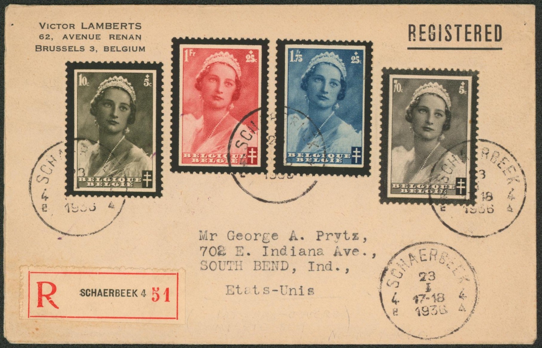 n°411, 415, 416/17 sur lettre en recommandé de Schaerbeek > South Bend (USA).