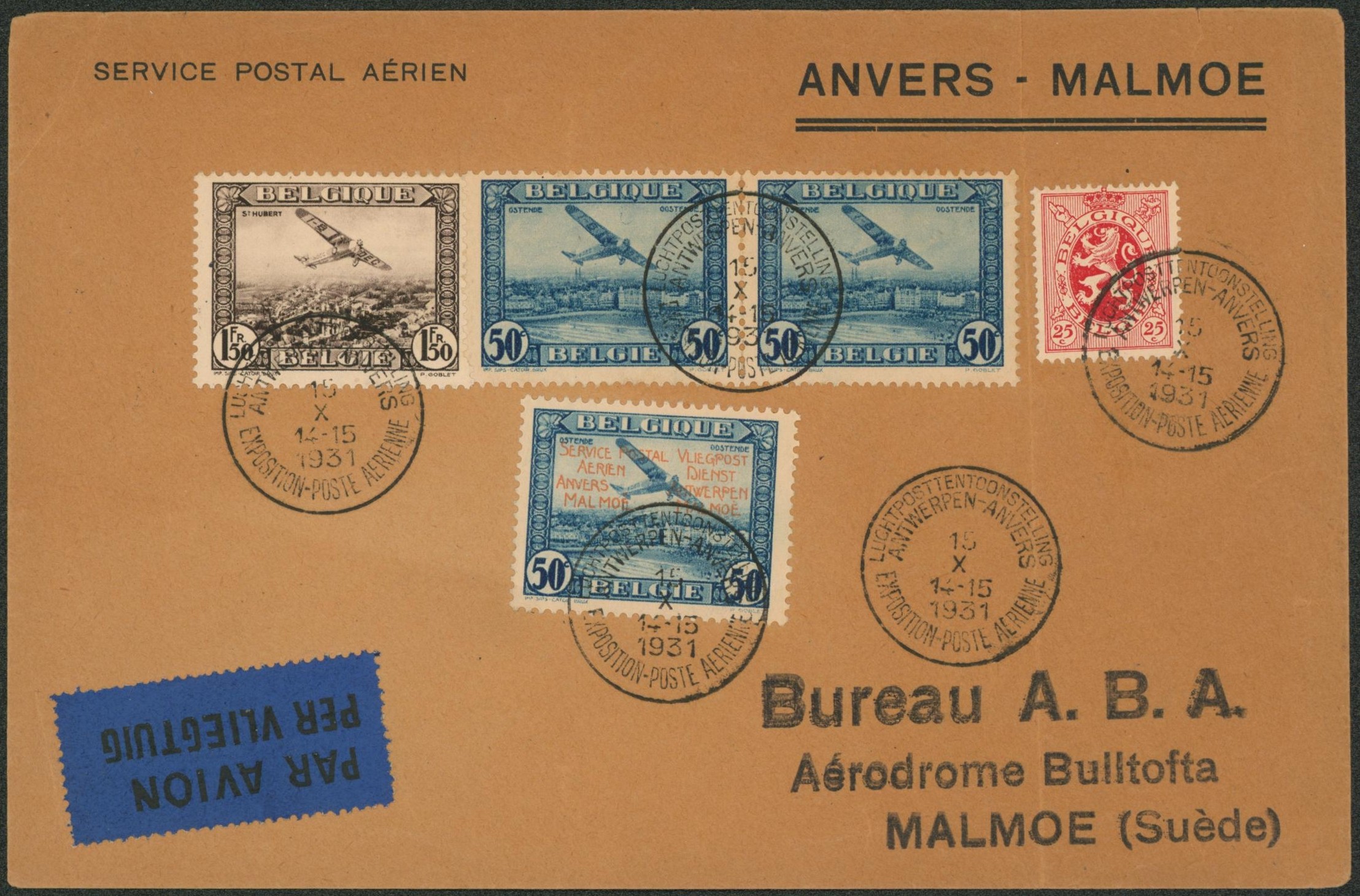 PA1 x2, PA2, 282 et PR33 sur lettre par avion (Anvers-Malmö) çàd aérodrome bulltofta (Suède). Exposition pour la vulgarisation service postal aérien