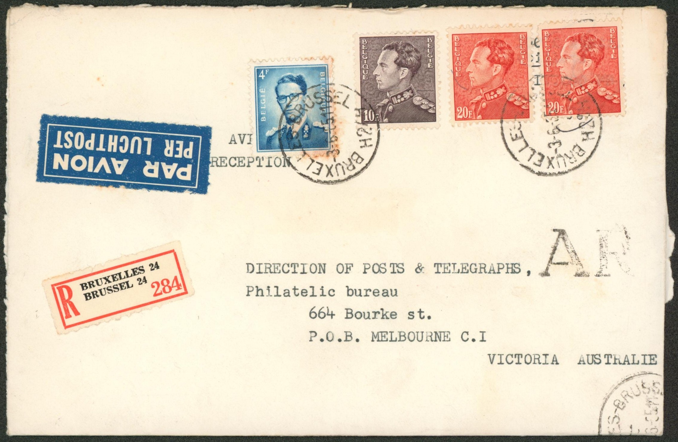 Poortman / Baudouin à lunettes sur lettre en recommandé par avion + griffe AR de Bruxelles > Philatelic bureau, Melbourne (Australie)