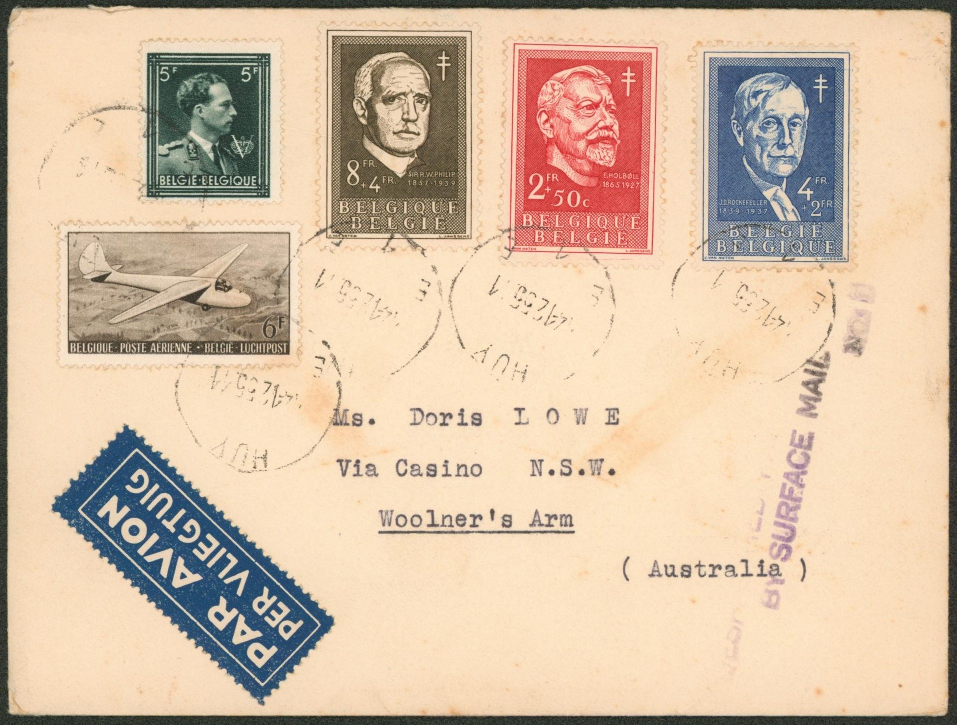 n°696, n°983/85 et PA28 sur lettre par avion de Huy > Woolner's arm (Australie)