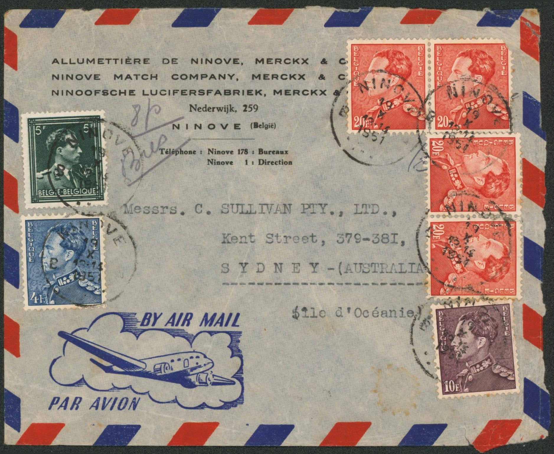n°696, 847A, 848A et 848B x4 sur lettre par avion de Ninove (1951) > Sydney (Australie)