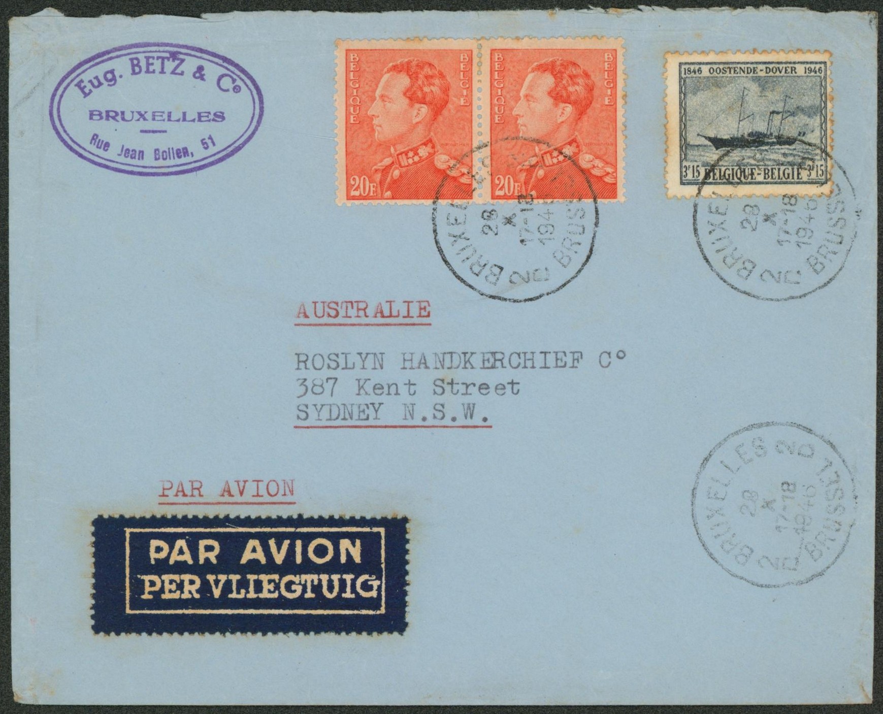 n°727 et 435 en paire sur lettre par avion de Bruxelles > Sydney (Australie)