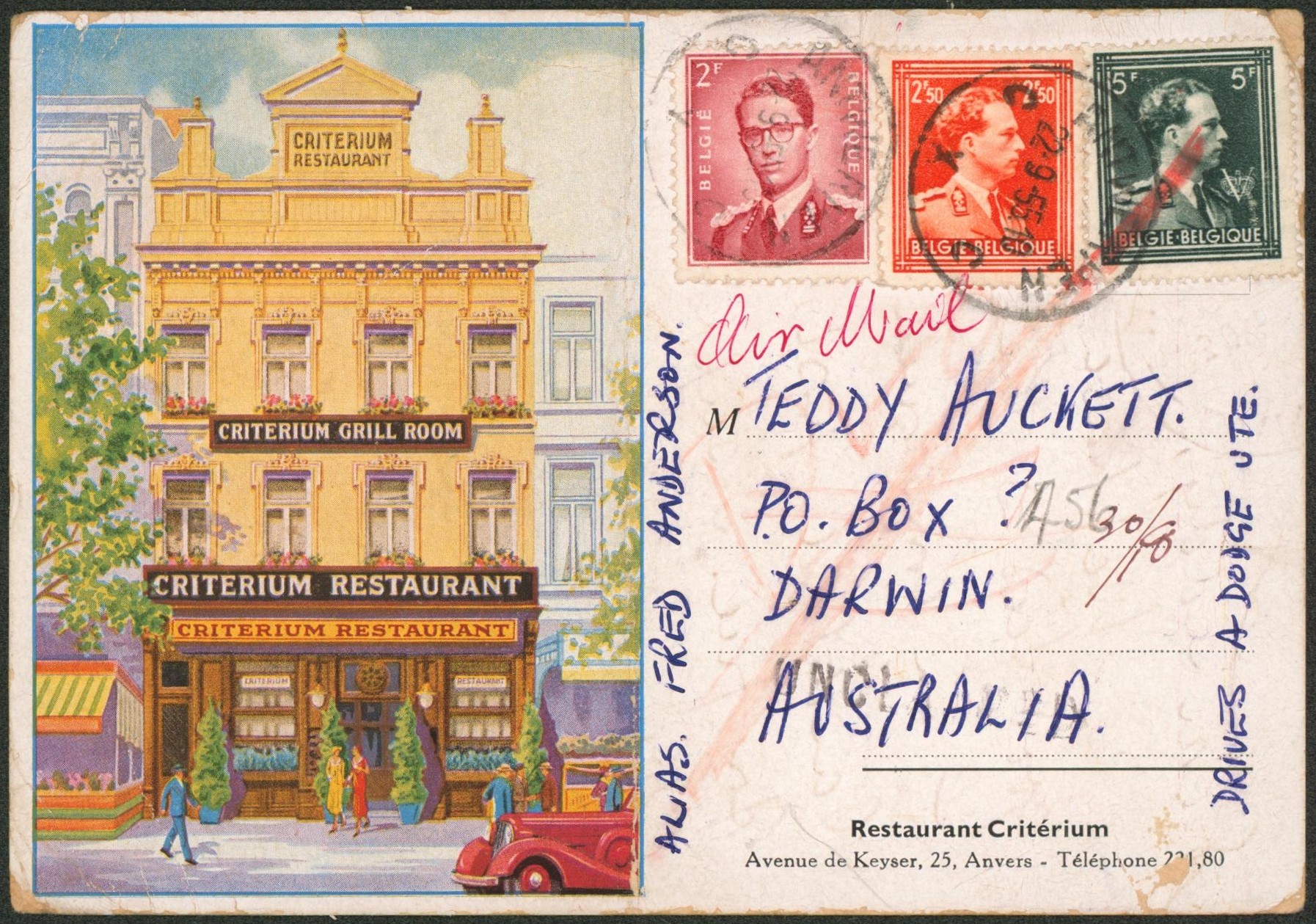 Affranch. Mixte (Baudouin / Col ouvert) sur carte imprimé "criterium restaurant Anvers" de Antwerpen > Darwin (Australie). Plié en deux