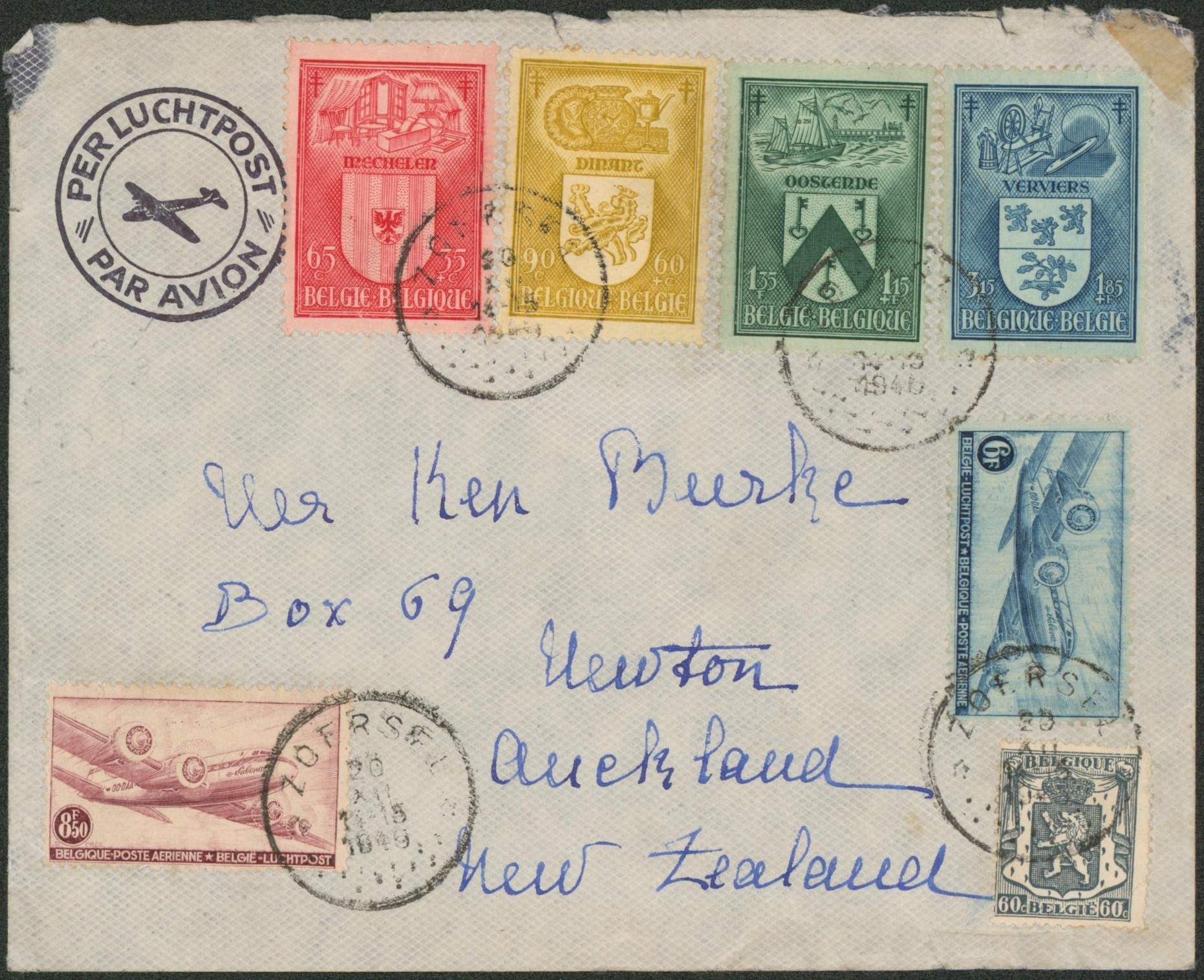 Affranch. Mixte sur lettre par avion + obl relais "Zoersel" > Auckland (Nouvelle-Zélande)