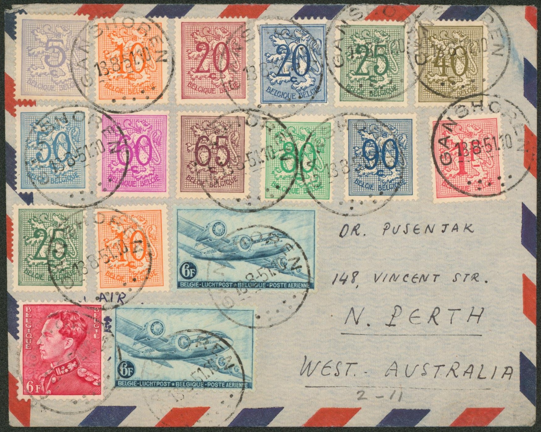 Affranch. Mixte (chiffre sur lion / Poortman) sur lettre par avion de Ganshoren > N. Perth (Australie)