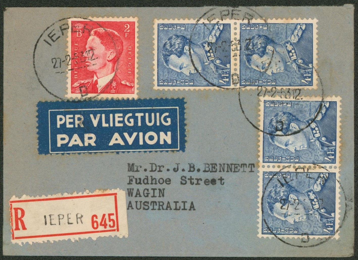 n°910 et 847A x4 sur lettre par avion en recommandé de Ieper (Ypres) > Wagin (Australie)