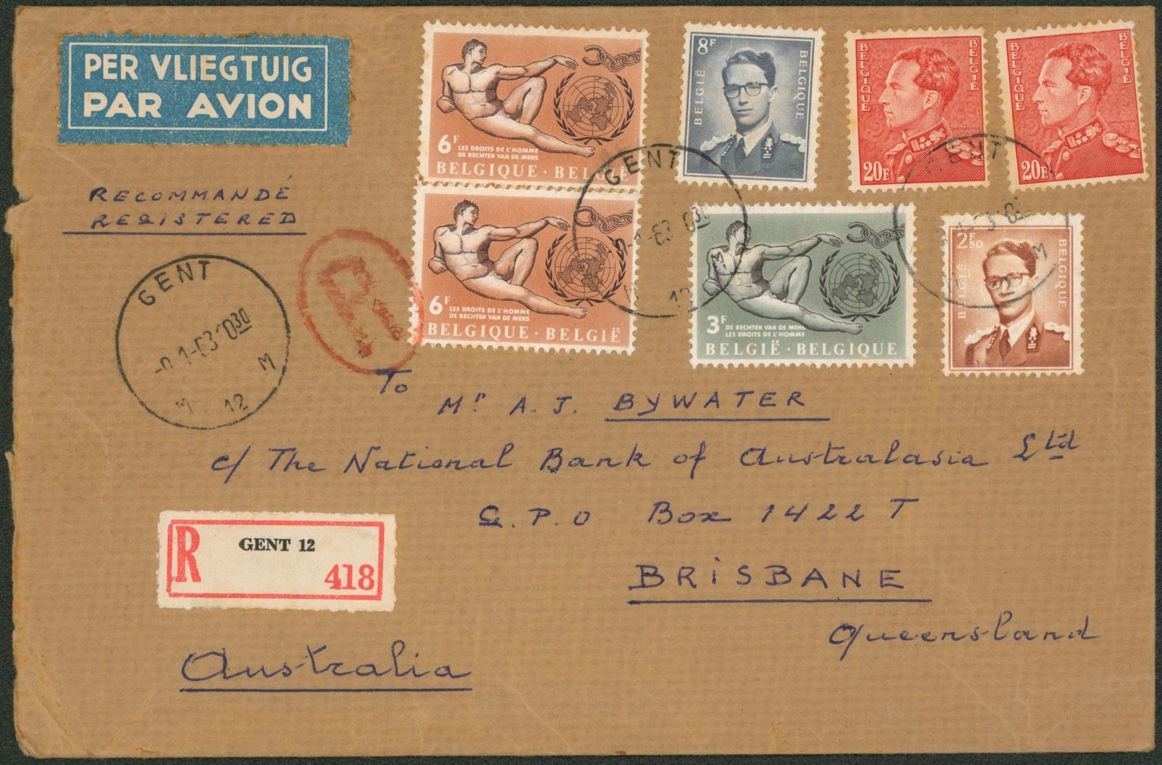 Affranch. Mixte dont baudouin / Poortman sur lettre en recommandé par avion de Gent > Brisbane (Australie)
