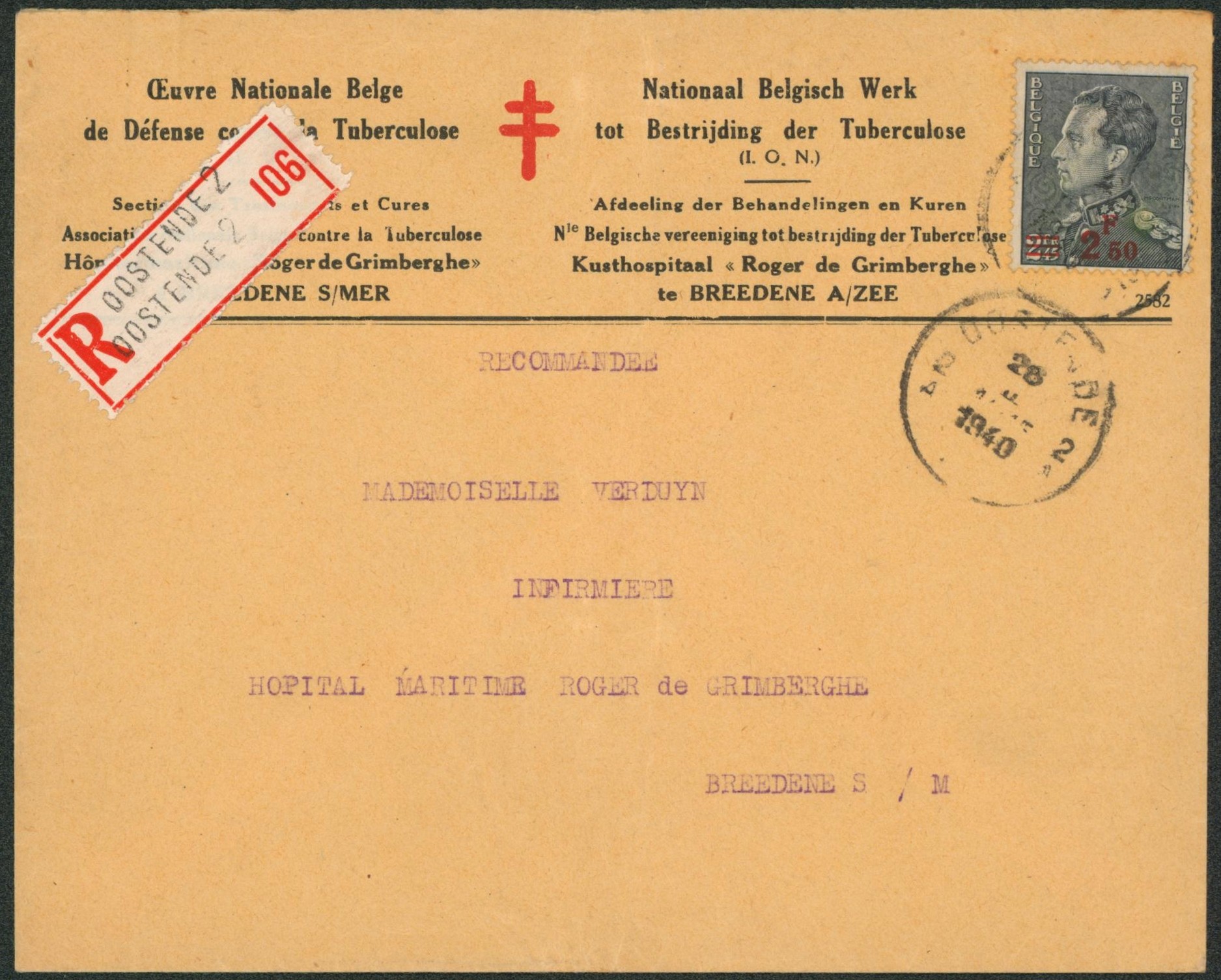 Poortman - n°478 sur lettre (œuvre national belge de défense contre la tuberculose) en recommandé de Oostende / ostende > Bredeene, hopital maritime roger de grimberghe.
