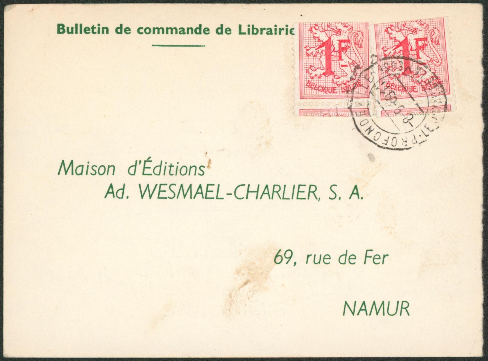 Rouleaux - R6 x2 sur bulletin de commande de librairie expédié de Profondeville > Namur.