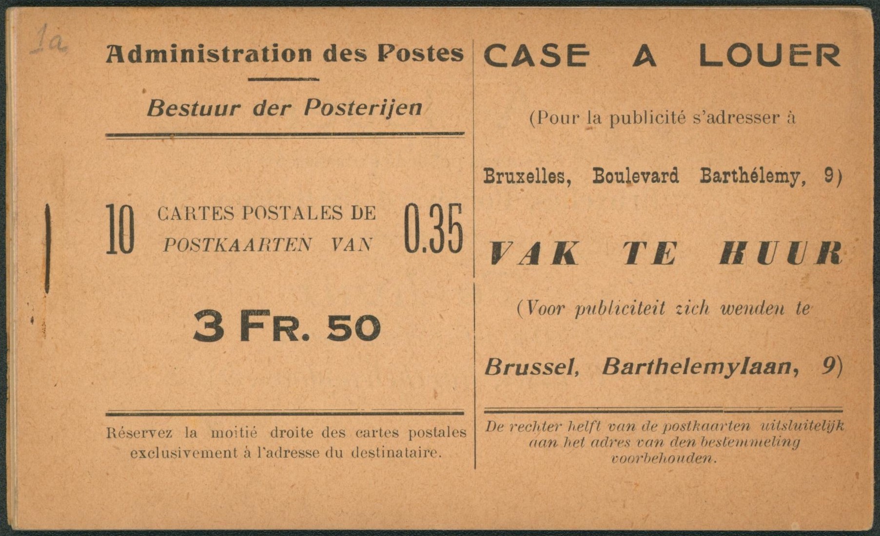 Entier postaux - Carnet de carte postale type SBEP n°1 (1937). Très bon état