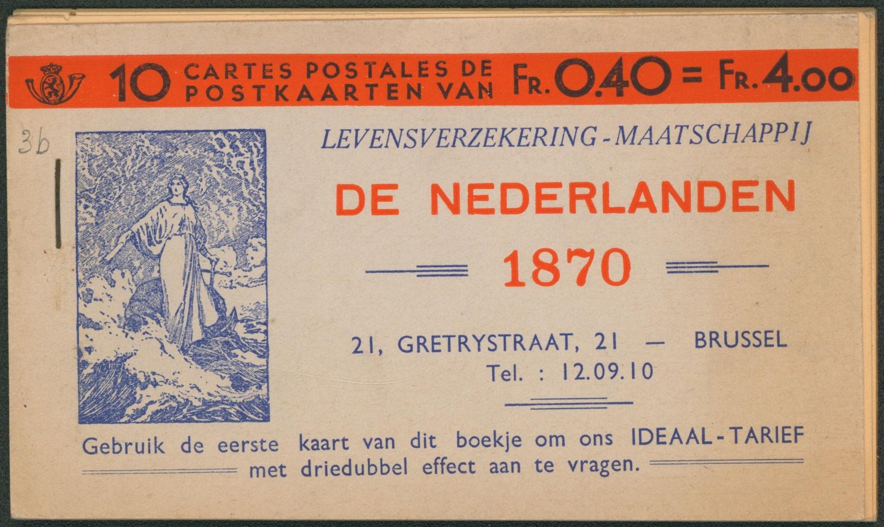 Entier postaux - Carnet de carte postale type SBEP n°3b 35 et 5C vert et orange 4 lignes d'adresses (De Nederlanden 1870, Valeurs 4 Fr). Très bon état