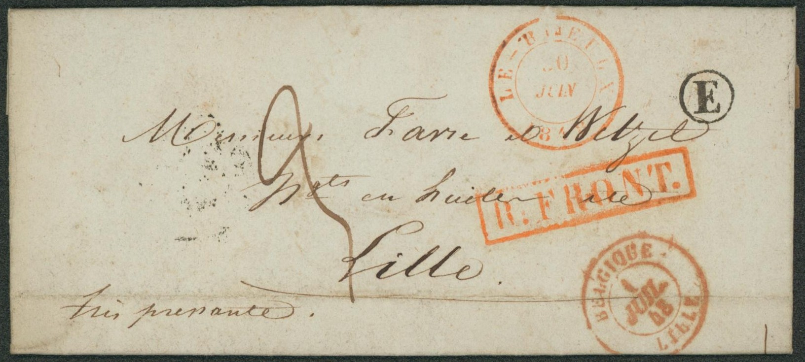 LAC cachet dateur "Le-roeulx" + boite rurale "E" (Houdeng-Goegnies) et griffe encadrée R.FRONT, très pressant > Lille