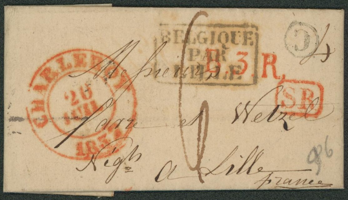 LAC cachet dateur "Charleroy" (1837) + boite rurale "C" (chatelet), port "6" encadré Belgique par lille, rayon B.3.R. > Lille