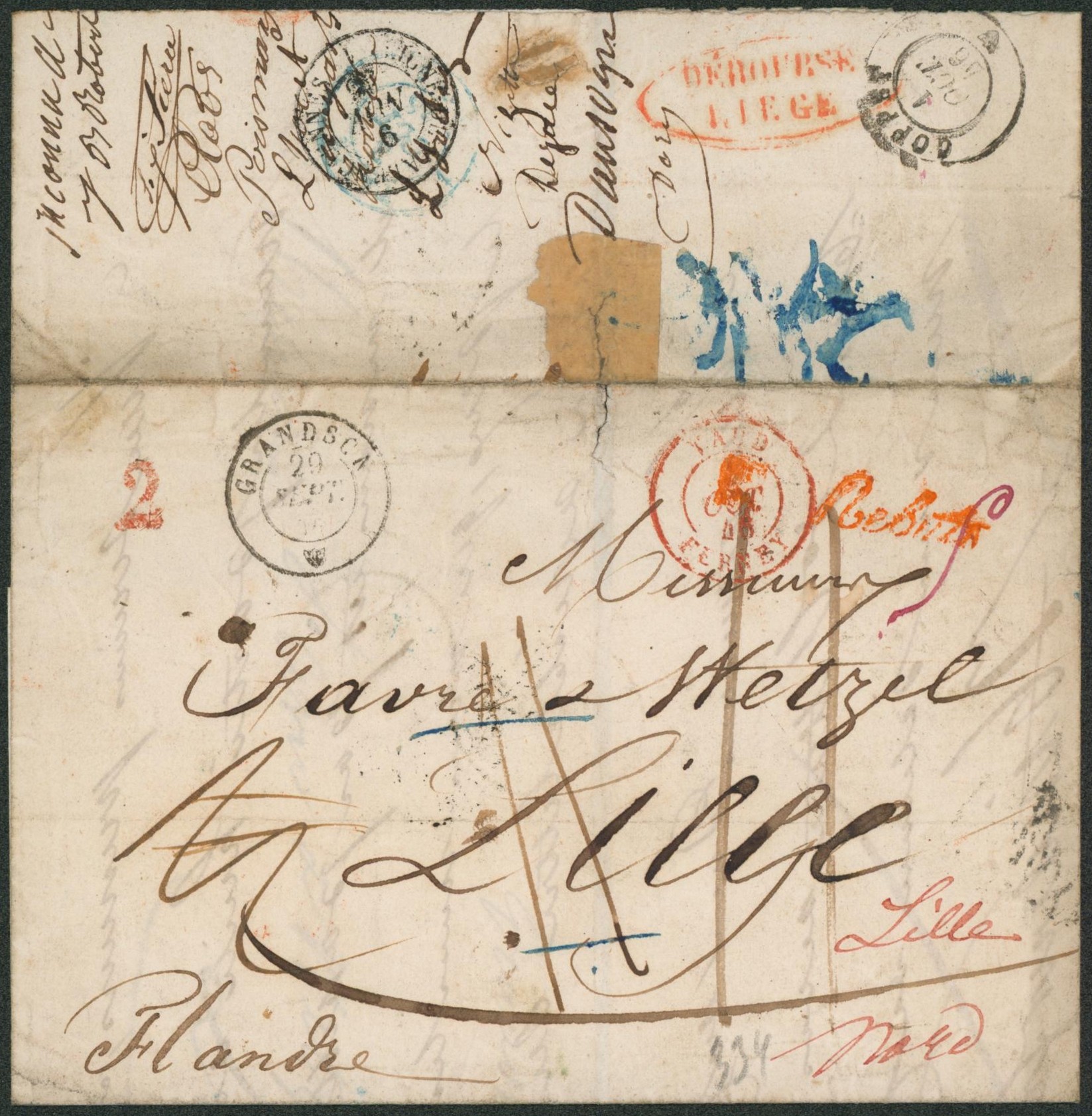 LAC datée de Grandson (Suisse, 1846) divers port manuscrit > Liège + Déboursé liège > Lille. Griffe rouge "Rebuts". TB !