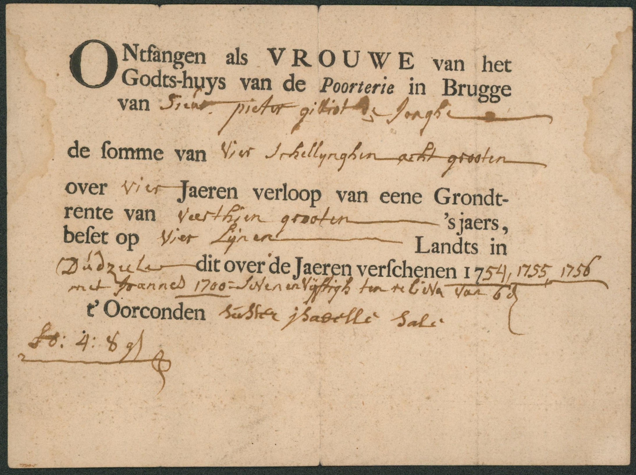 Rente - Document manuscrit Poorterie in Brugge (Bruges) Grondtrente voor 1754, 1755 en 1756. TB état