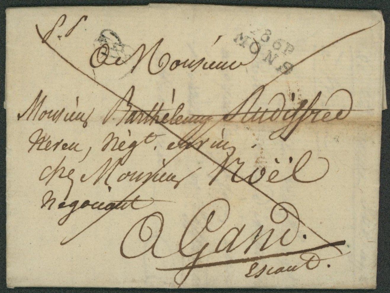 LAC (origine à examiner) + manuscrit "PP" et obl linéaire P86P / Mons > Gand