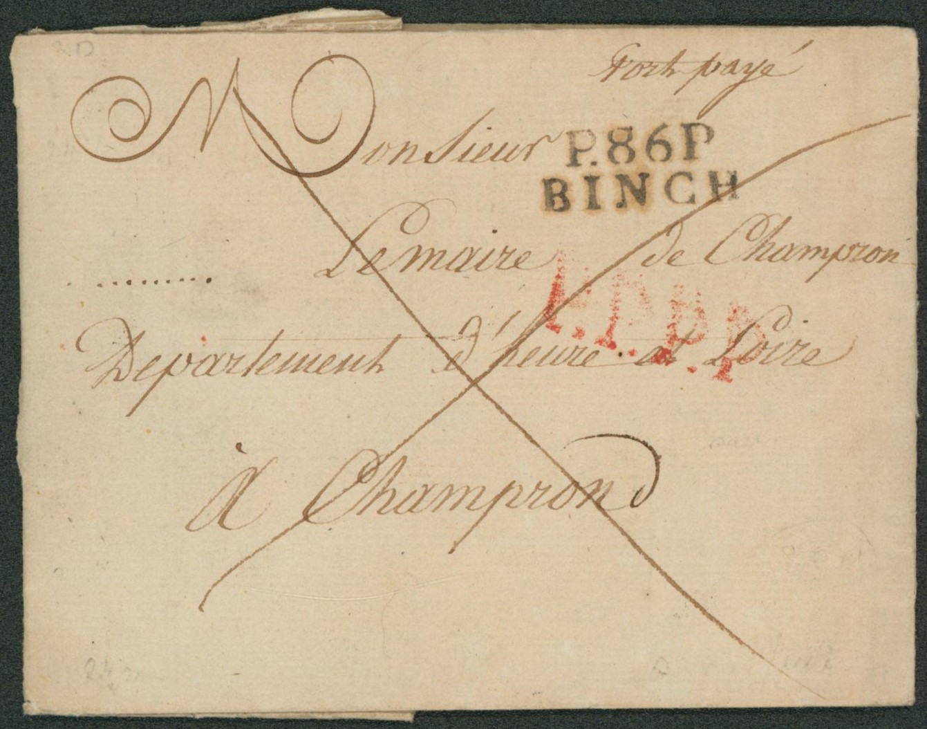 LSC + obl linéaire noir P86P / Binch et manuscrit "port payé" , griffe rouge P.P.P.P. > Champrond (France).