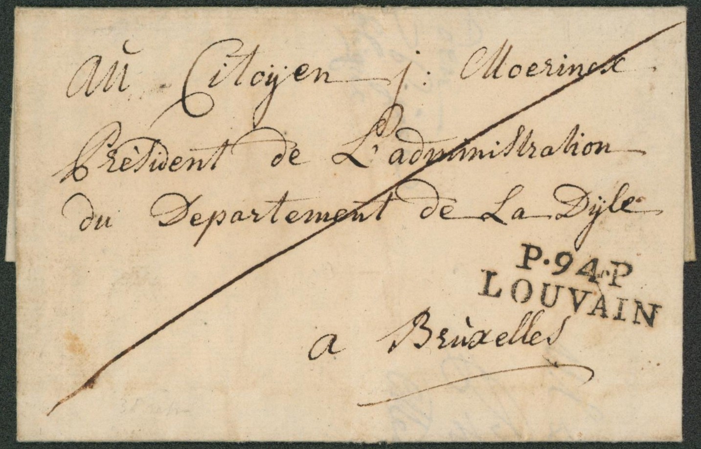 LAC datée de Aerschot (1798) + obl linéaire noir "P94P / Louvain" > Bruxelles.