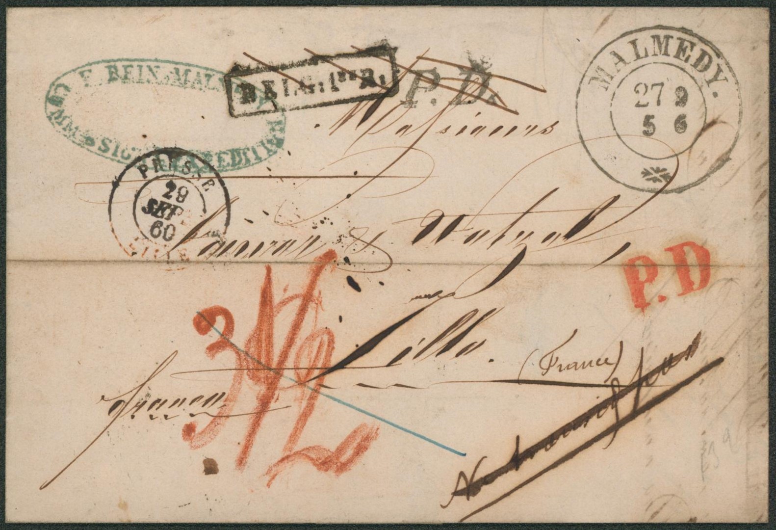 Canton de l'est - LAC non affranchie datée de Malmedy via Spa + griffe P.D. et encadré BELG. 1er rayon (les deux biffés) > Lille  + cachet "Pressé / Lille".