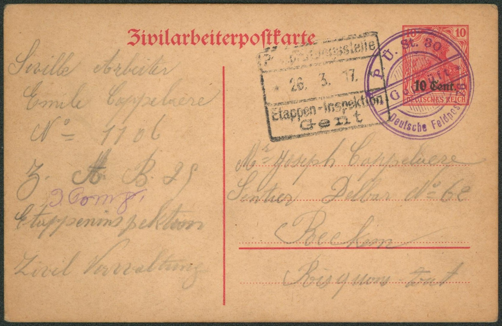 EP au type 10ctm rouge ZIVILARBEITERPOSTKARTE + cachet violet DC "P.U. St. 30 / Deutsche feldpost 76" > Reckem (risquons-tout)