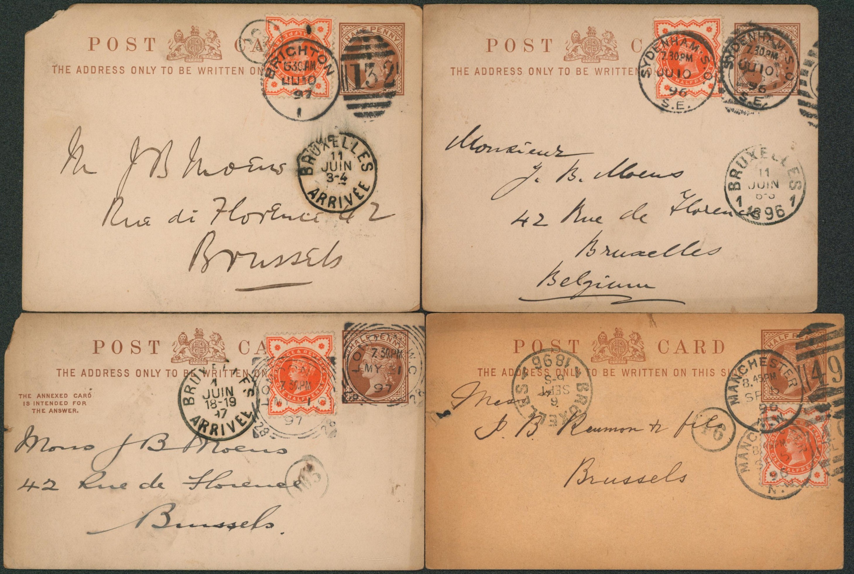Ensemble de 4 entier postaux anglais (origine différente) adressé à J.B. Moens à Bruxelles, marchand de timbres.
