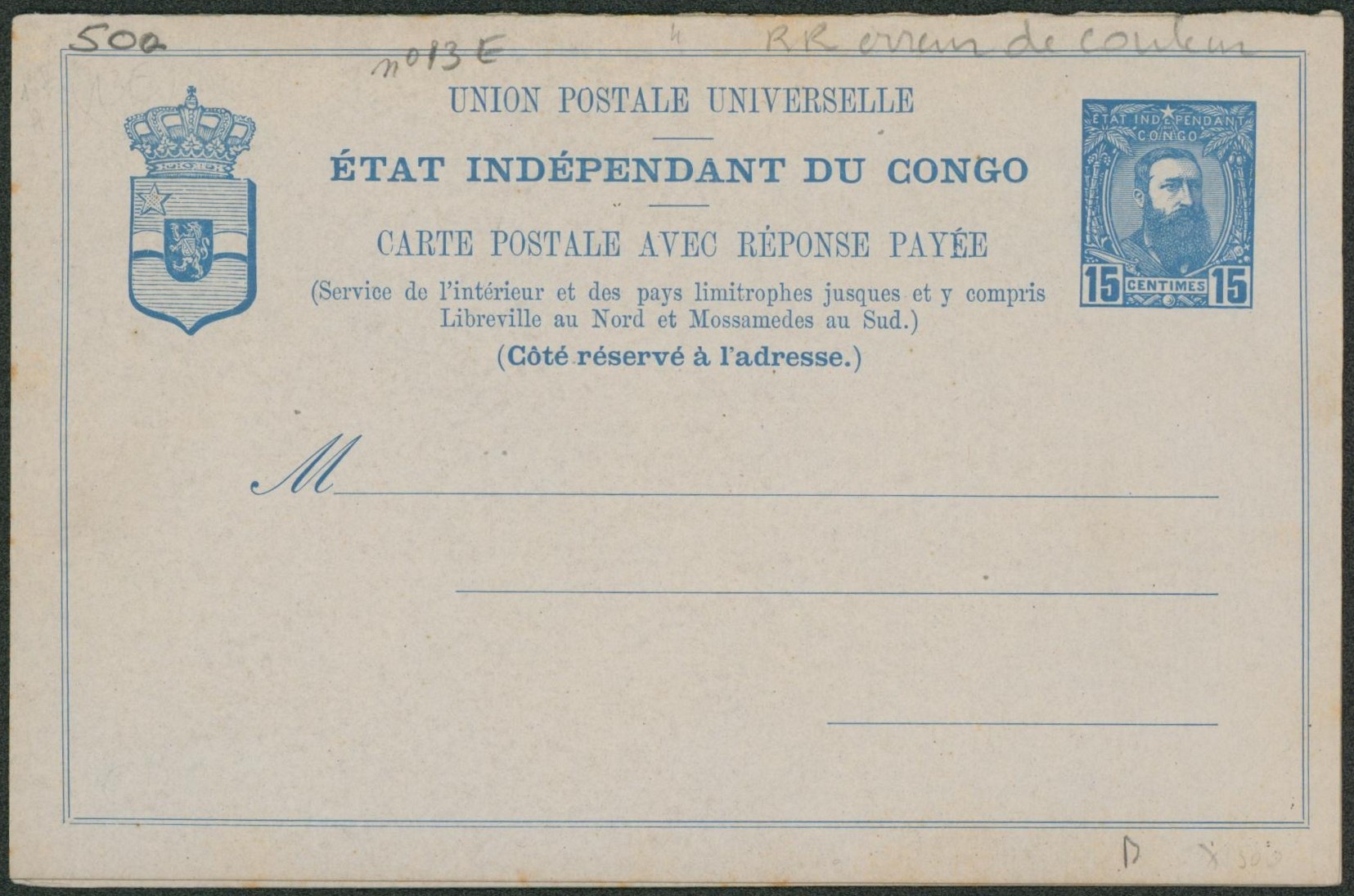 Congo Belge - EP (double) au type Léopold II 15ctm bleu (SBEP n°13E) erreur de couleur. Neuf