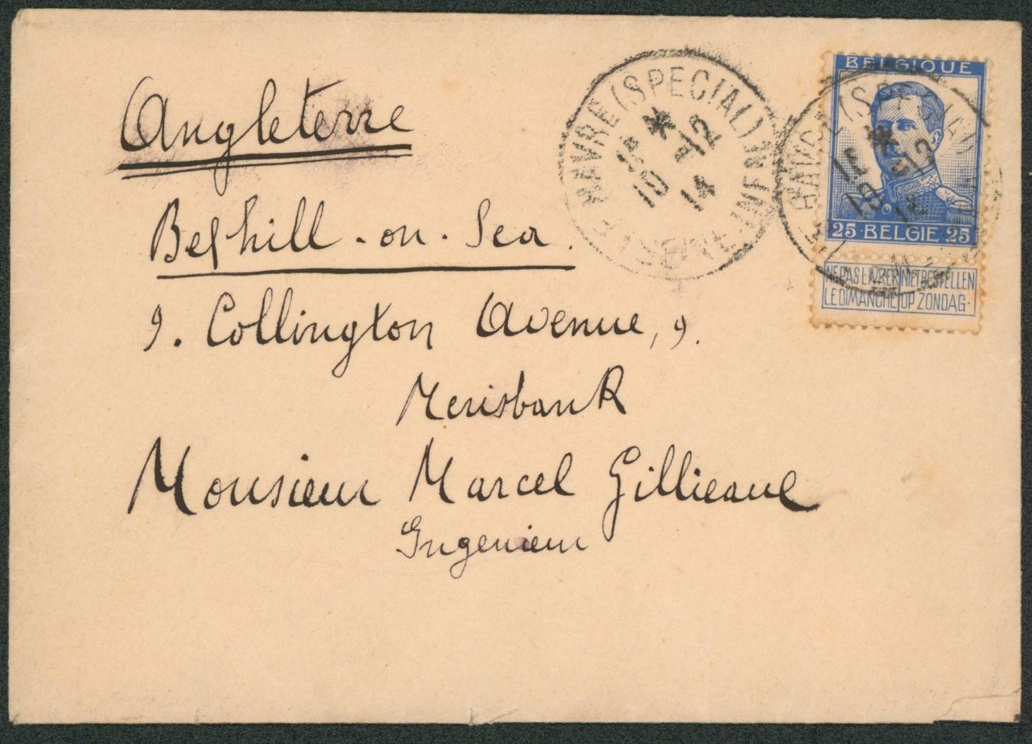 Pellens - 25C bleu sur lettre obl "Le havre (special)" > Bexhill-on-Sea (Angleterre)