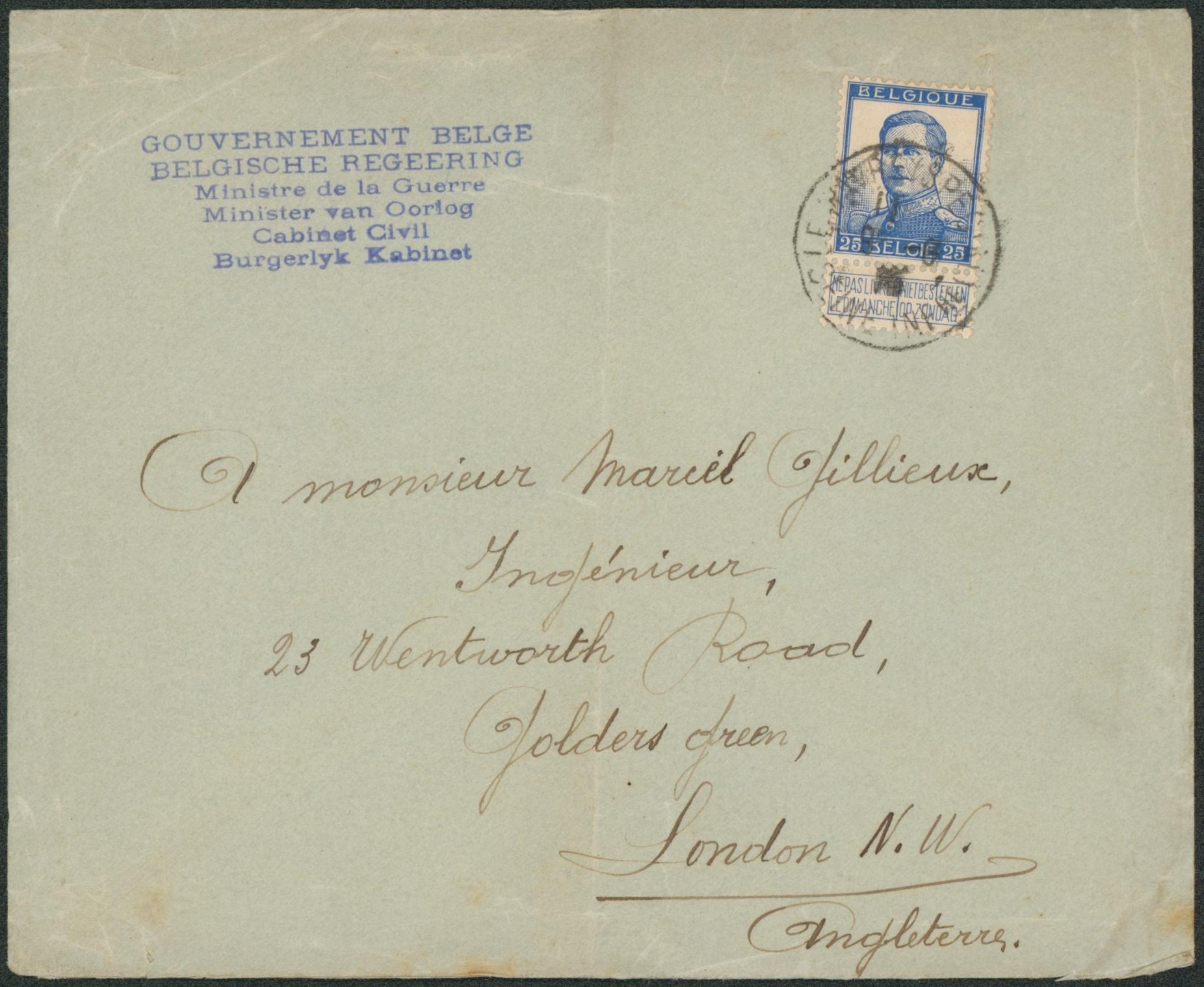 Pellens - 25C bleu sur lettre obl "Le havre (special)" + griffe gouvernement belge, ministre de la guerre cabinet civil > London (Angleterre)