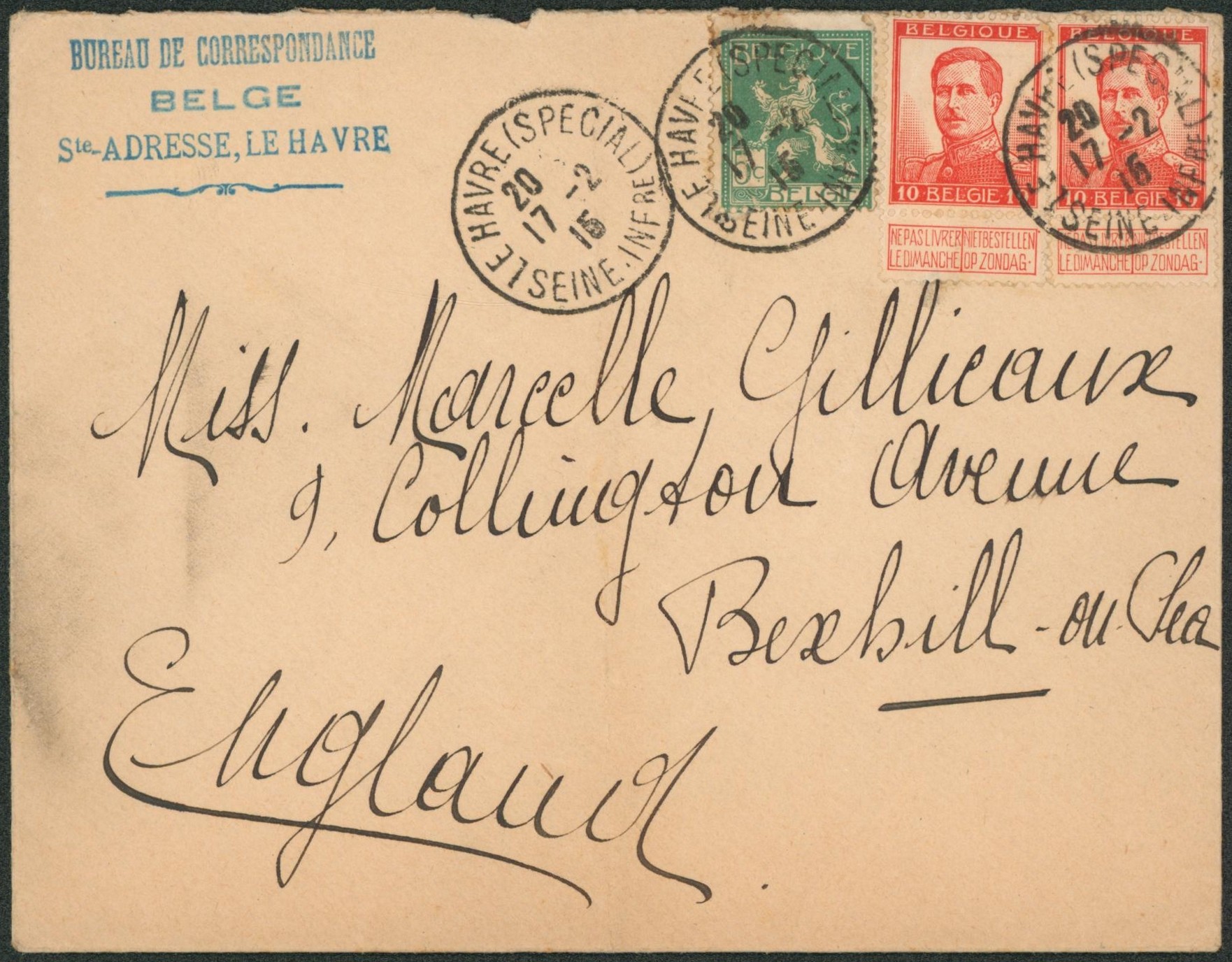 Pellens - n°110 et 123 x2 sur lettre expédié de le havre (special) + griffe bureau de correspondance belge > Bexhill-on-sea (Angleterre)