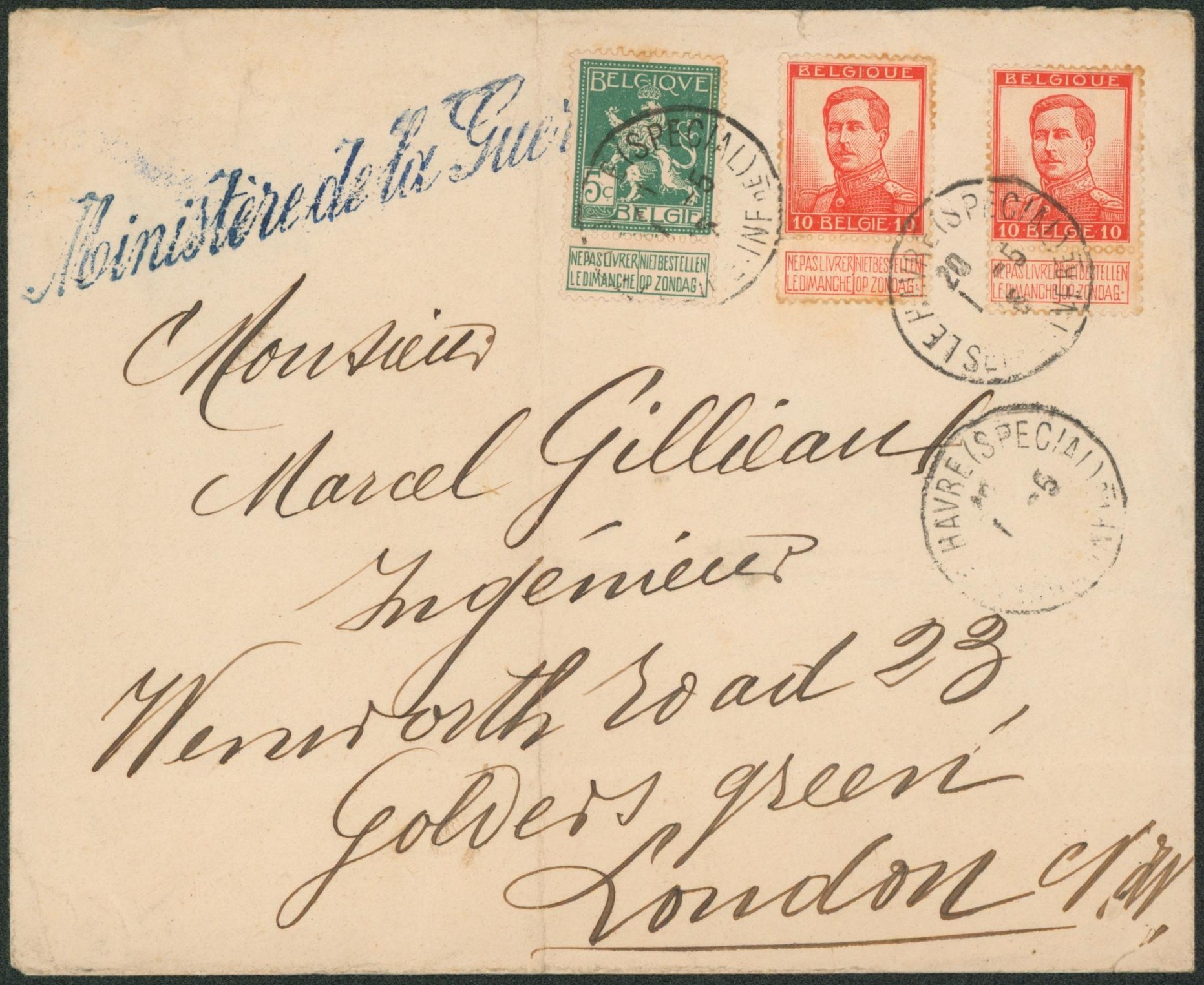 Pellens - n°110 et 123 x2 sur lettre expédié de le havre (special) + griffe Ministre de la guerre > London (Angleterre)