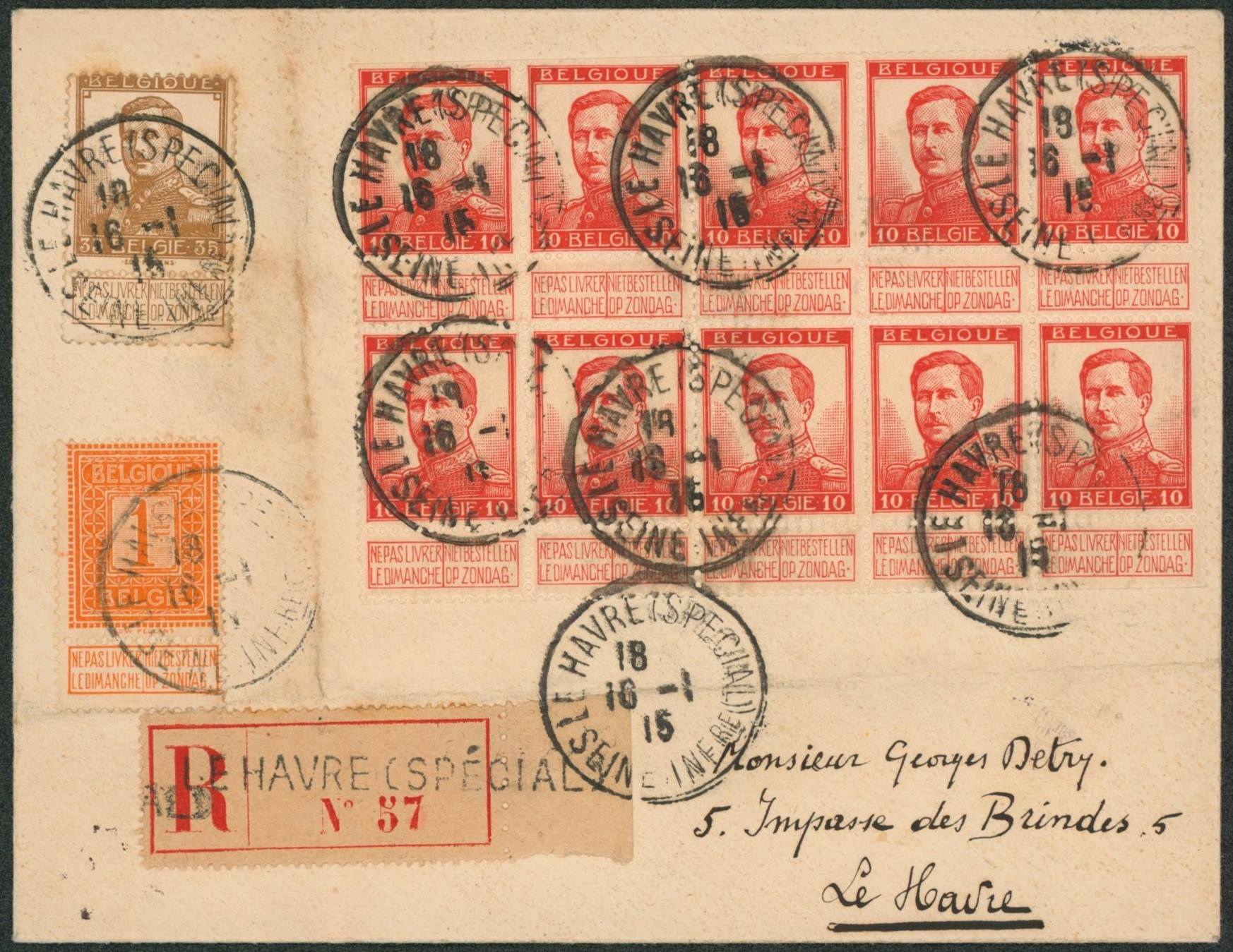 Pellens - n°108, 113 et 123 x10 sur lettre en recommandé (étiquette française) de le havre (special) > le havre