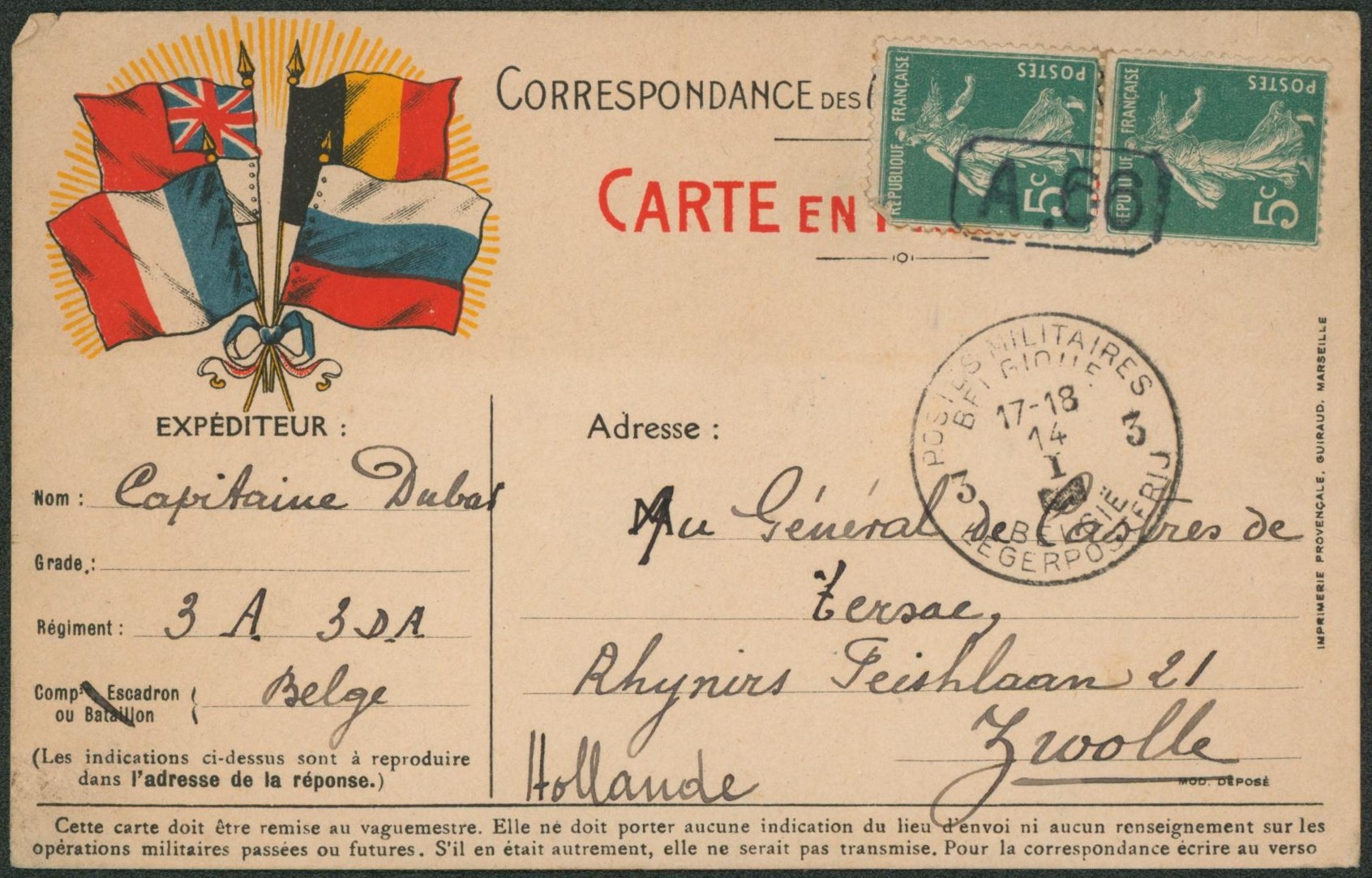 Semeuse - 5C vert en paire sur carte correspondance annulé par encadré "A.66" (capitaine, Armée belge) + obl P.M.B. 3 > Zwolle (Hollande).