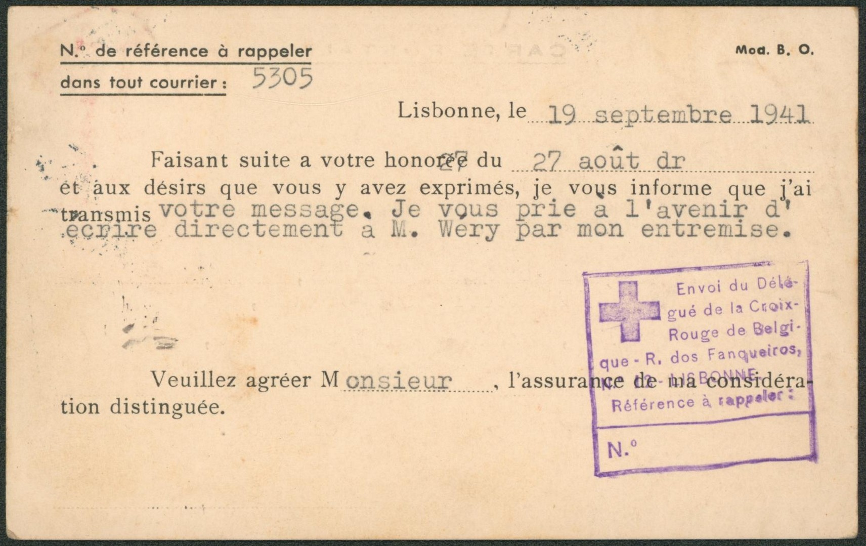 WWII - Carte postale expédiée de Lisbonne (envoi du délégué de la croix-rouge de Belgique) > vérificateur des douanes à Jette.
