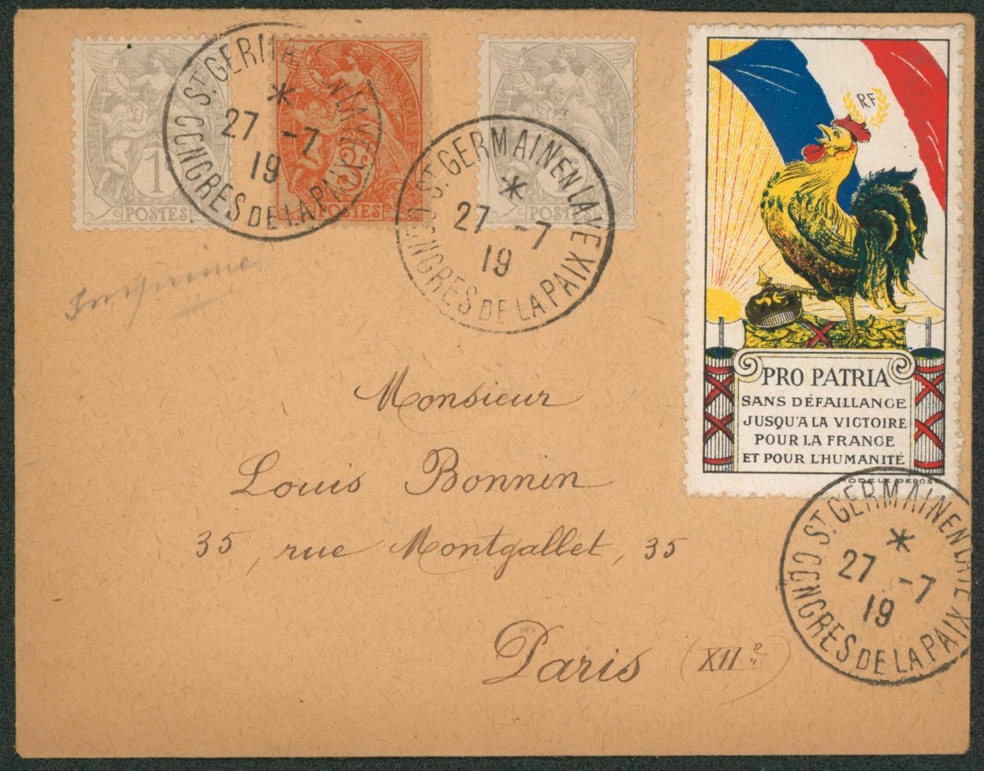 France - Type blanc soit 5ctm sur lettre tarif imprimé expédié de St-Germain / Congrès de la paix + vignette PRO PATRIA > Paris