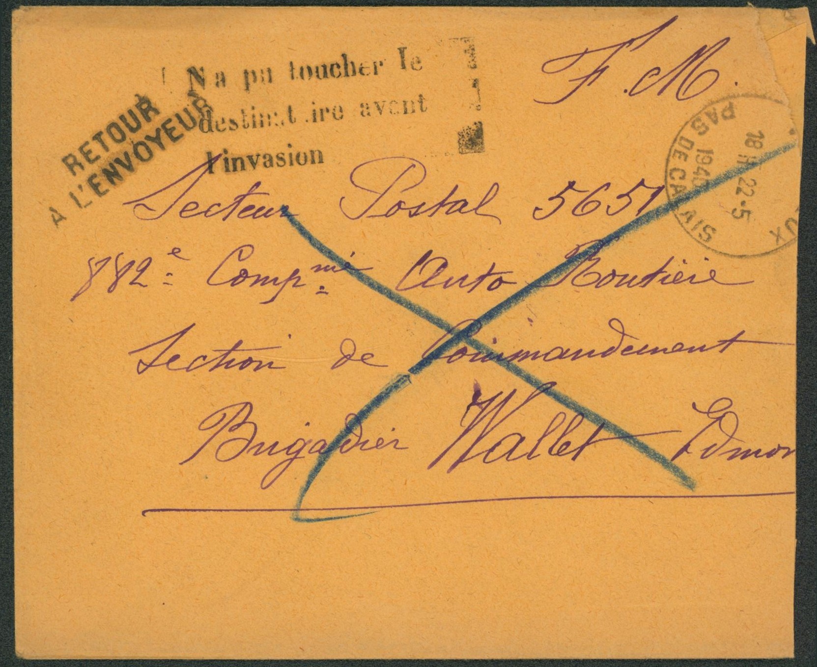 Lettre en F.M. expédié de Ambleteuse > Secteur postal 5651 + grande griffe " N'a pas toucher le destinataire avant l'invasion" retour à l'envoyeur.