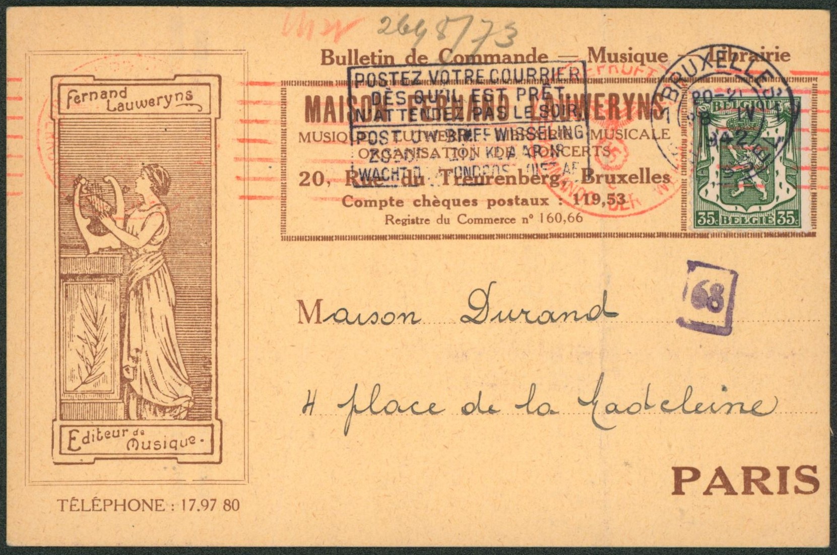 n°425 sur bulletin de commande (musique) expédié de Bruxelles > Paris, censure.