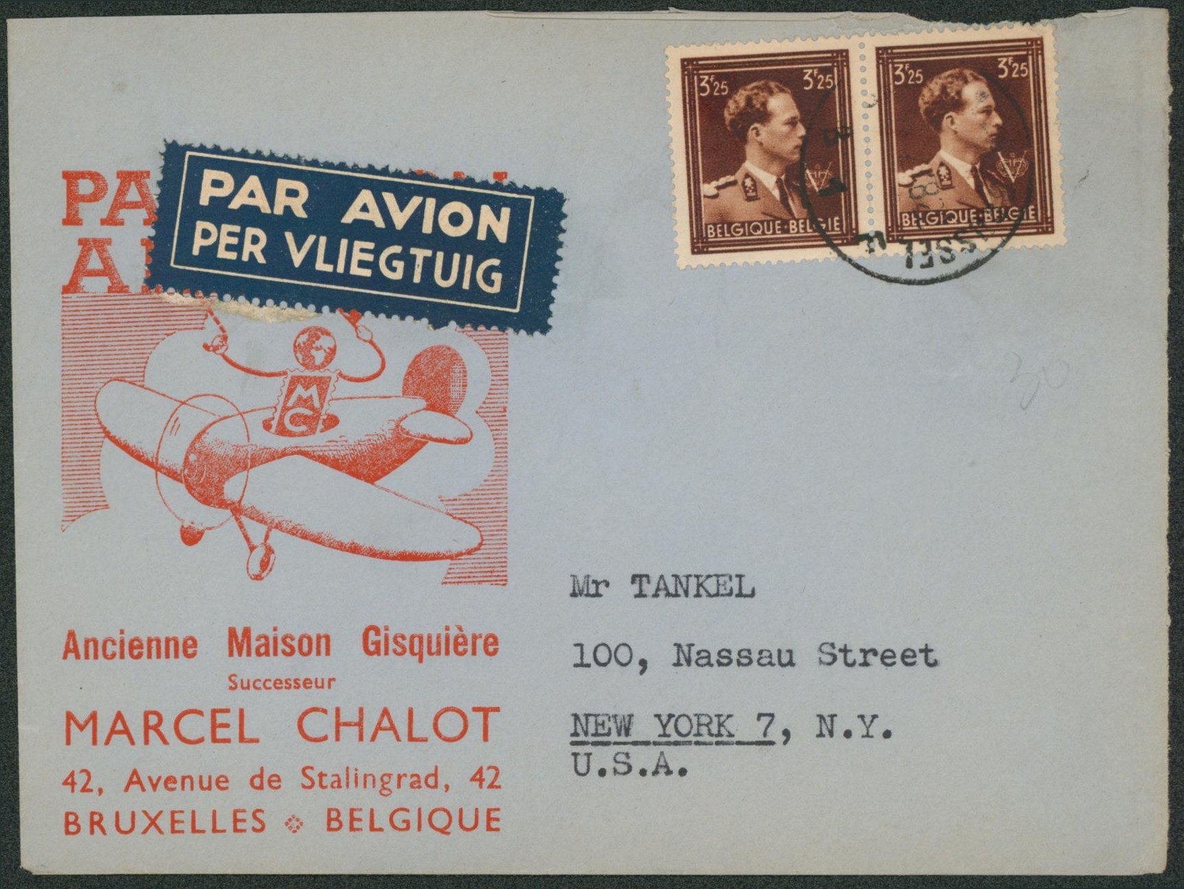 n°695 en paire sur lettre par avion (Marcel chalot, marchand de timbre) de Bruxelles > New-York