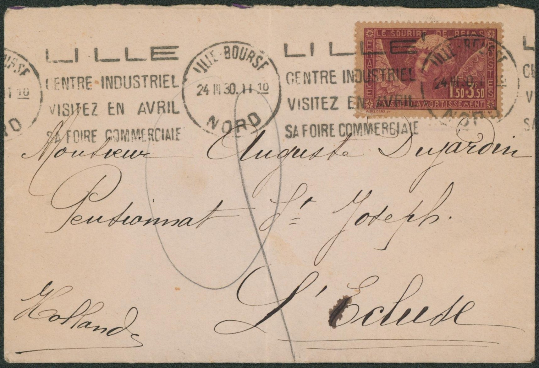 France - Yv n°256 sourire de Reims seul sur lettre expédié de Lille > l'écluse (Sluis, Hollande). TB