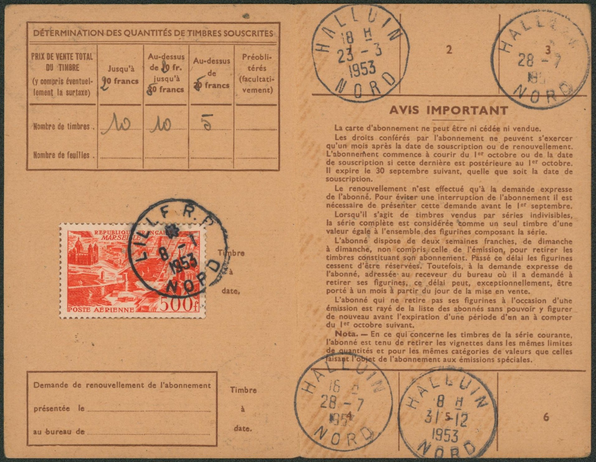 France - PA27 sur carte d'abonnement délivré à Halluin + griffe LILLE R.P.