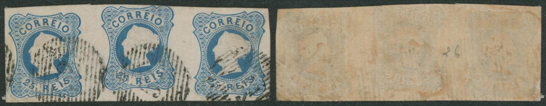 Portugal - Yv n°2 en bande de 3 oblitérée 52 çàd Porto (Mi n°2b) + certificat