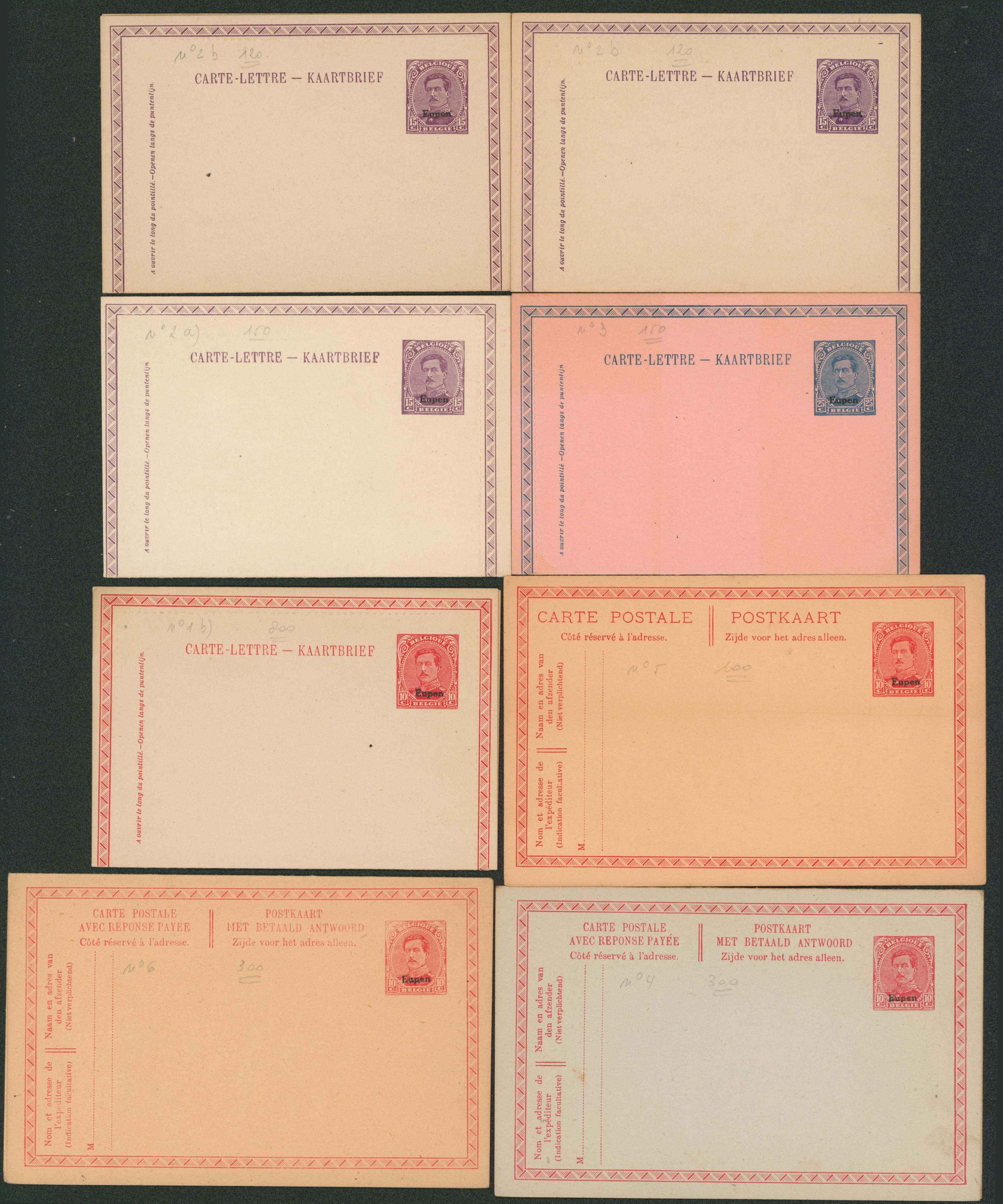 ensemble de 5 carte-lettre et 5 EP (Albert I / Pellens) neuf surchargé EUPEN. Canton de l'est