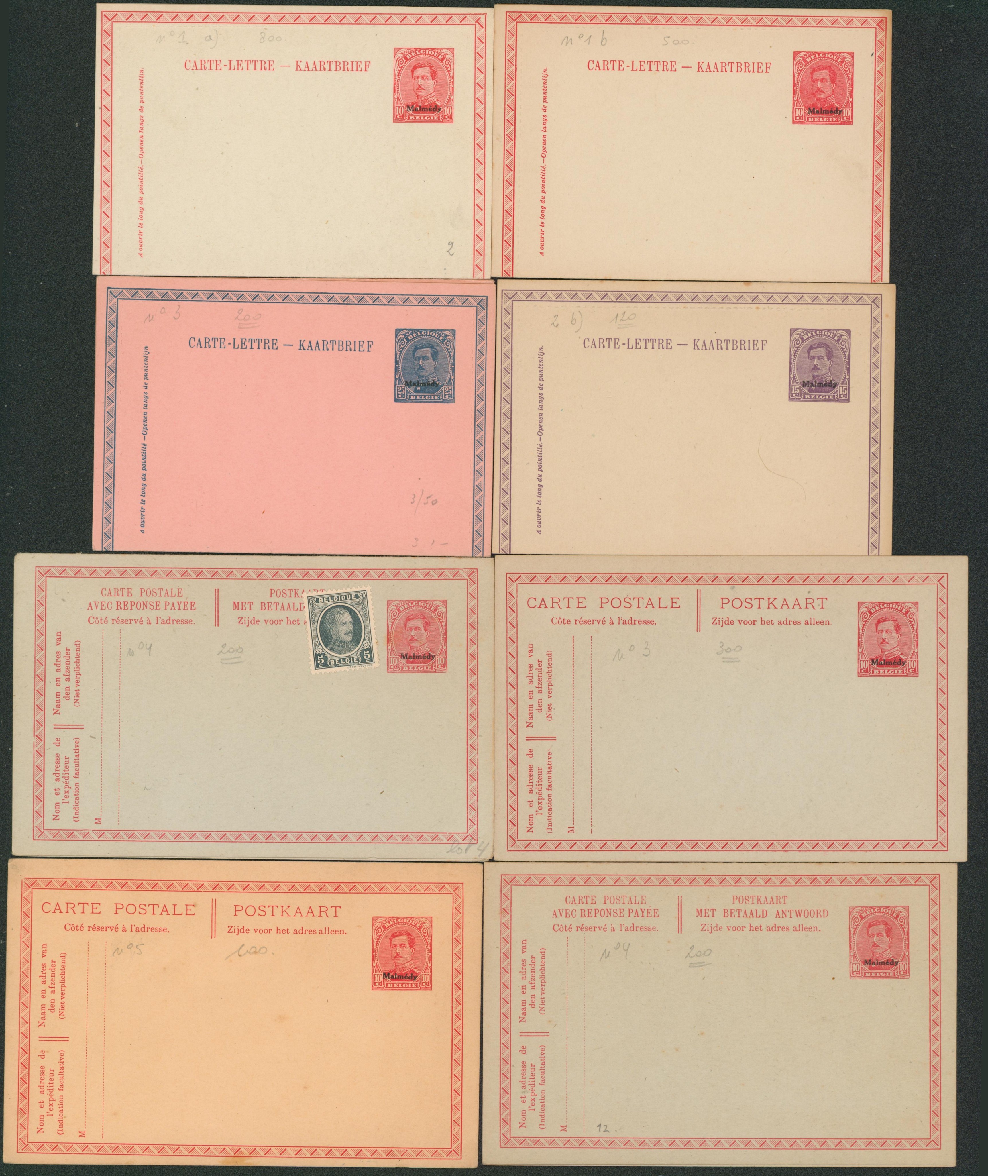 ensemble de 4 carte-lettre et 7 EP (Albert I / Pellens) neuf surchargé MALMEDY. Canton de l'est