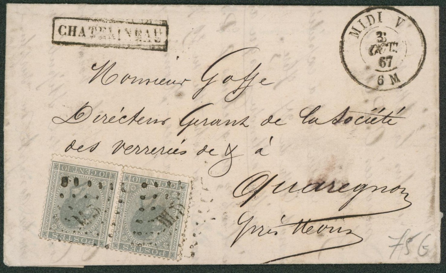 n°17 en paire sur LAC obl ambulant Pt M.5 çàd Midi V et griffe encadrée CHATELINEAU > Quaregnon
