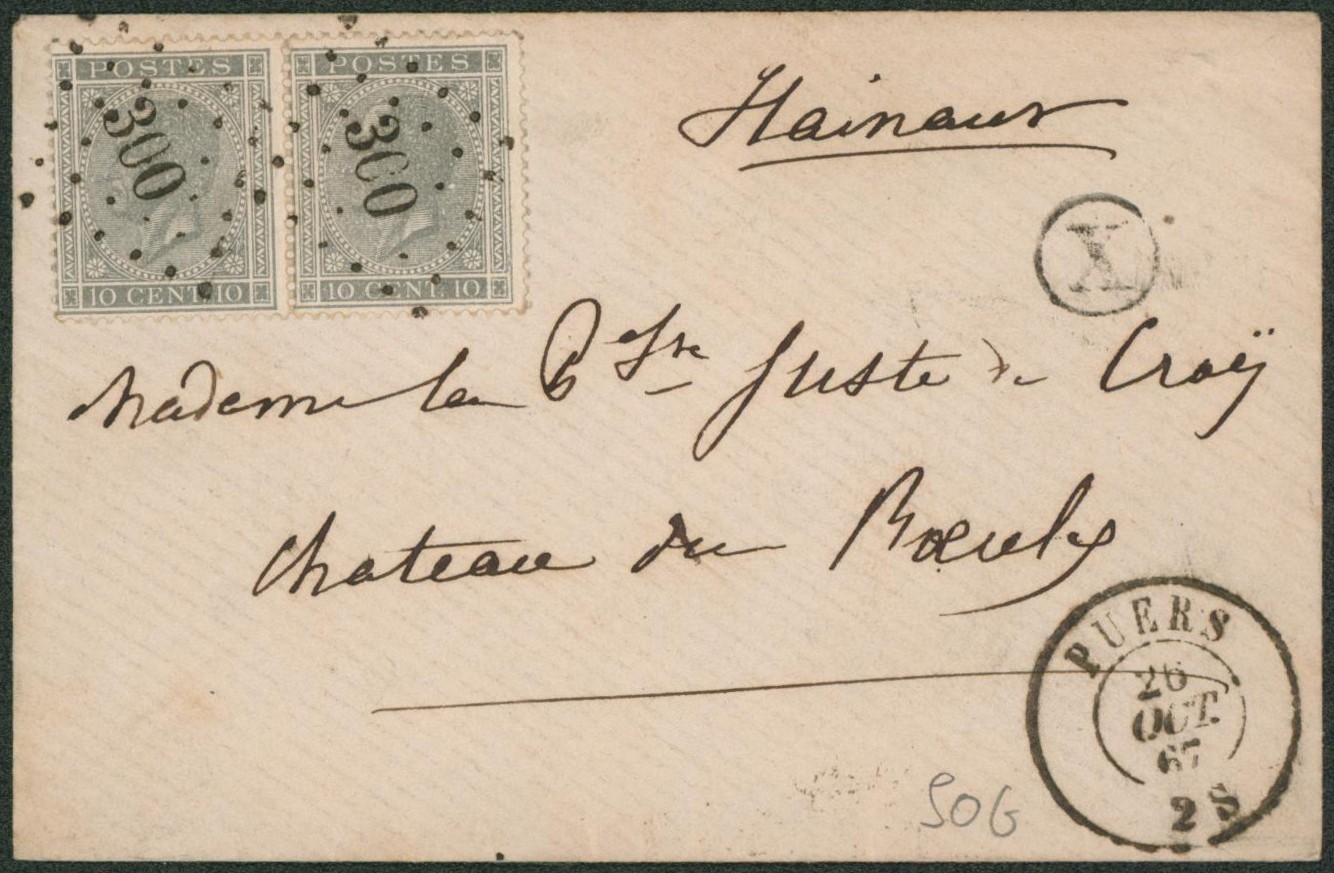 n°17 en paire sur enveloppe obl Pt 300 çàd Puers + boite rurale "X" > Château le roeulx. Luxe